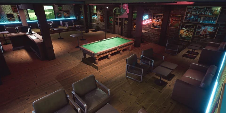 Wide view of the detailed Brawler's Bar interior