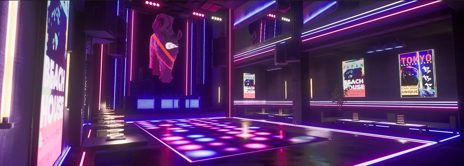 Neon-lit nightclub with a dance floor, stage, lounge seating, and wall displays