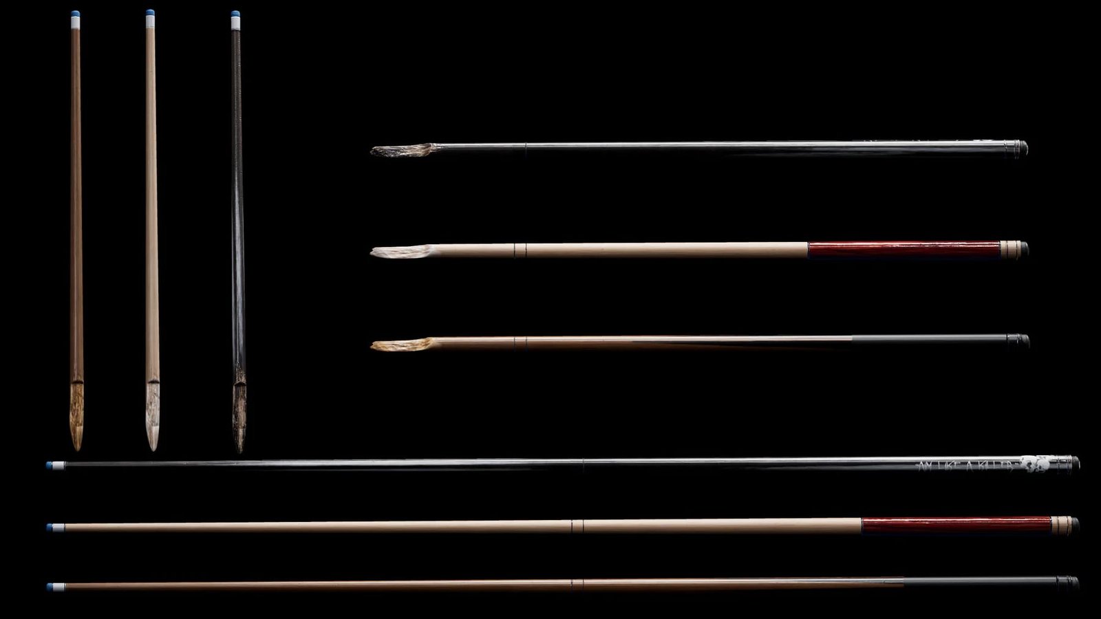 Cue stick variants shown intact and broken